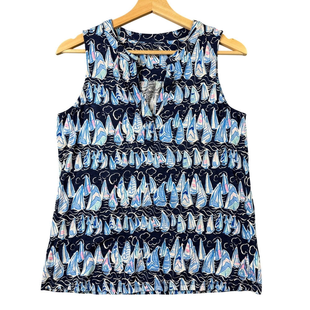 Lilly Pulitzer Sailboat Print Slub 100% Cotton Sleeveless Top Navy Blue Small